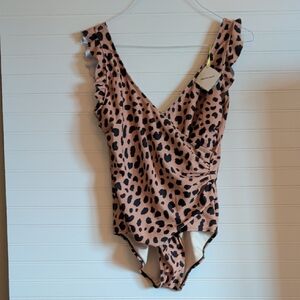 NWT Marina West Leopard print Ruffle Sleeve Faux Wrap one piece swimsuit, Sz. L